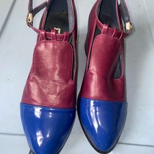 Chunky Leather Plum Heels with Blue Latex Tips